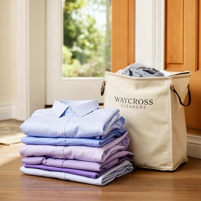 Folded shirts and a reusable laundry bag ready for pickup at a Moraga home entry