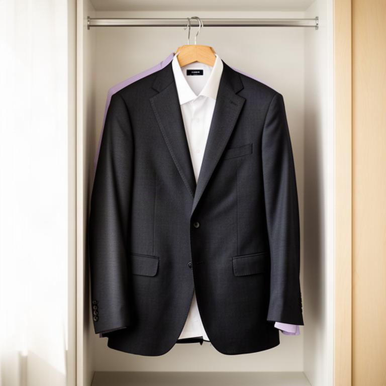 Pressed suit jacket and freshly laundered dress shirt hanging together in a bright wardrobe